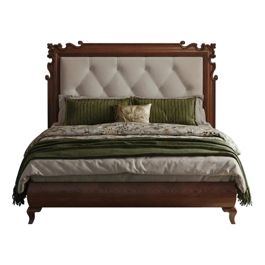 Classic Dark Wood Bed with Beige Tufted Headboard