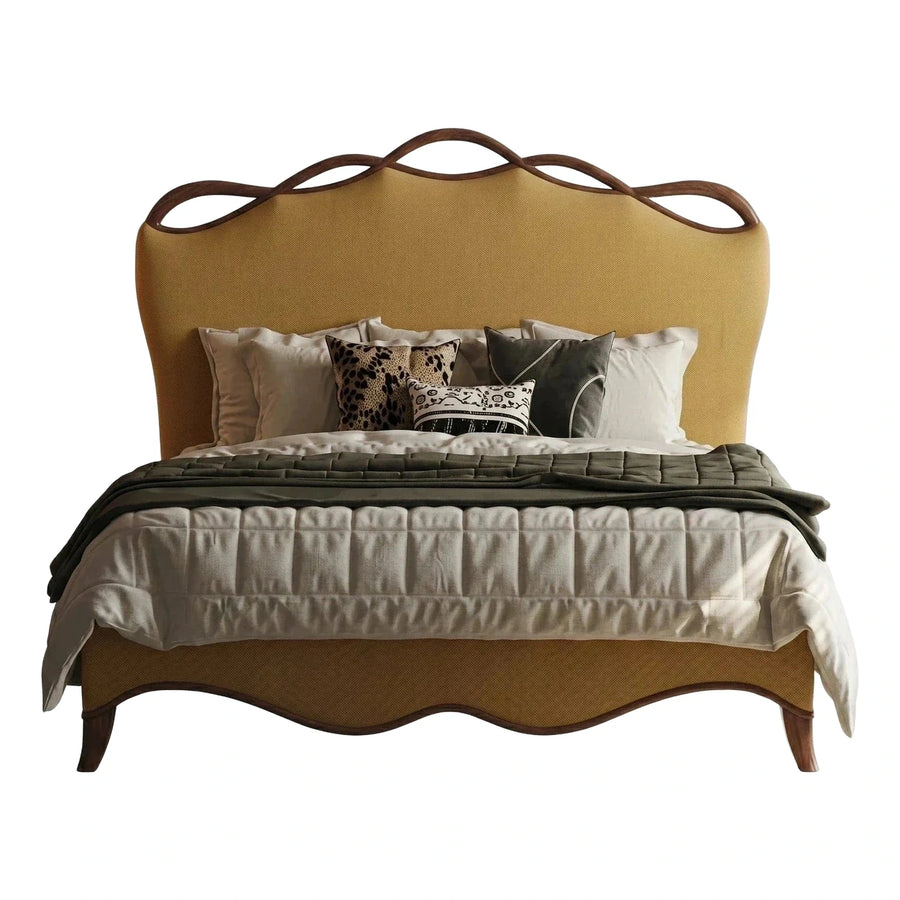 Mustard Upholstered Bed with Wavy Wood Frame
