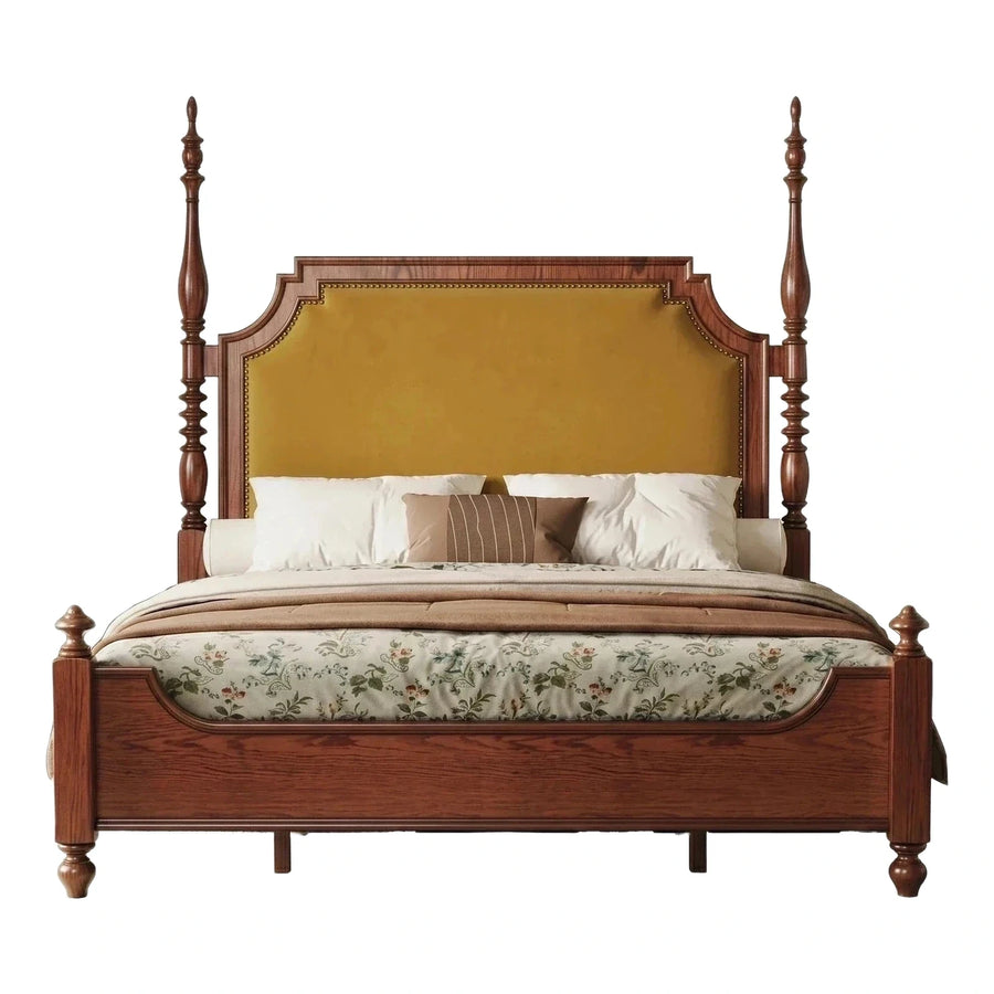 Classic Brown Wood Poster Bed with Yellow Headboard