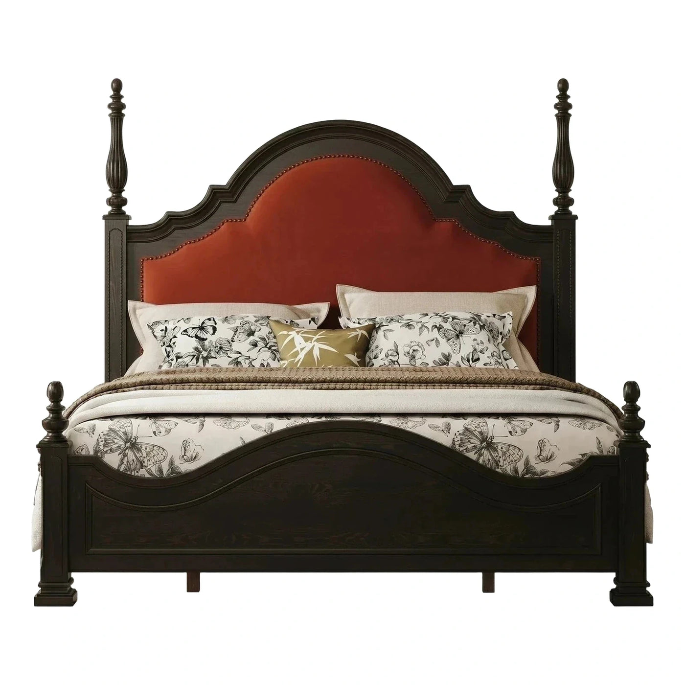 Dark Wood Poster Bed with Rust Upholstered Headboard