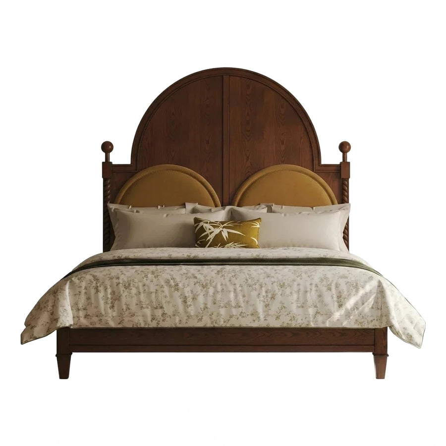 Dark Wood Bed with Arched Upholstered Headboard