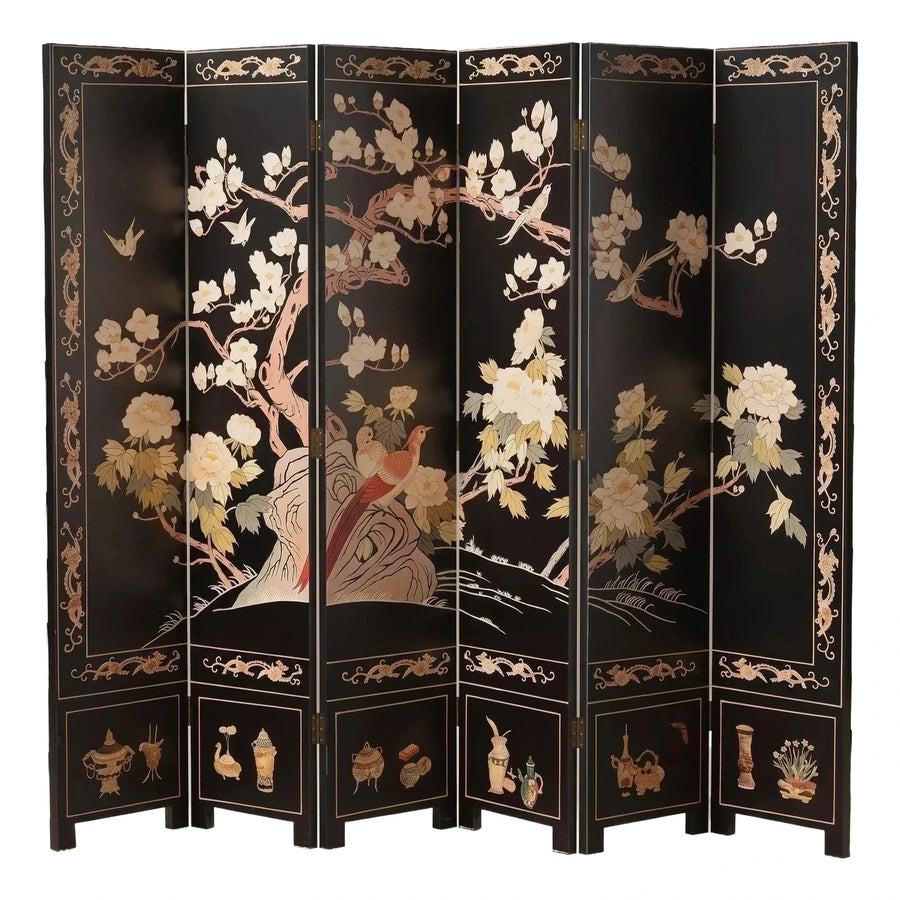 Black 6-Panel Floral Folding Screen