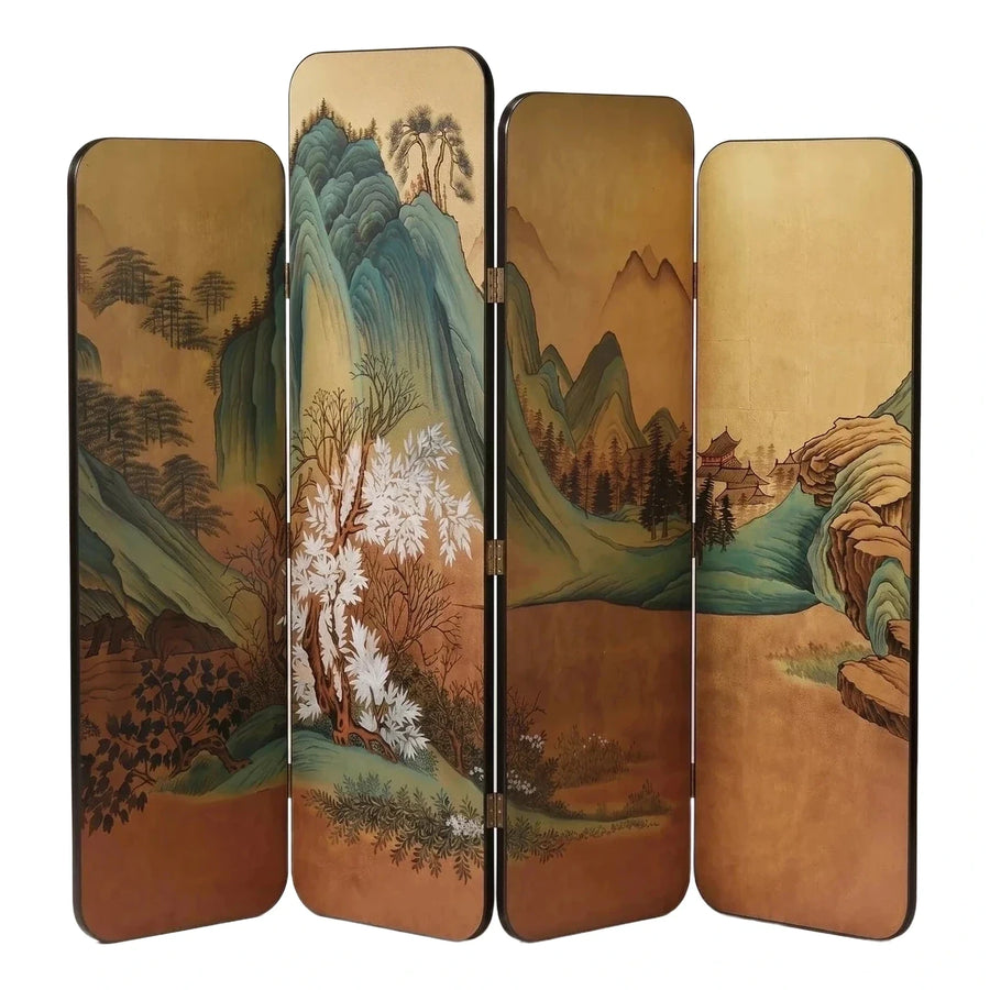 Four-Panel Painted Landscape Folding Screen