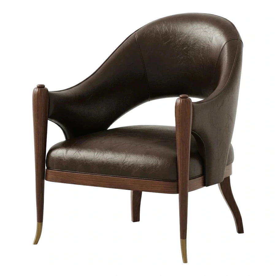 Dark Brown Leather Armchair with Brass Tips