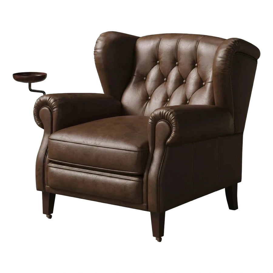 Brown Leather Wingback Armchair with Side Tray