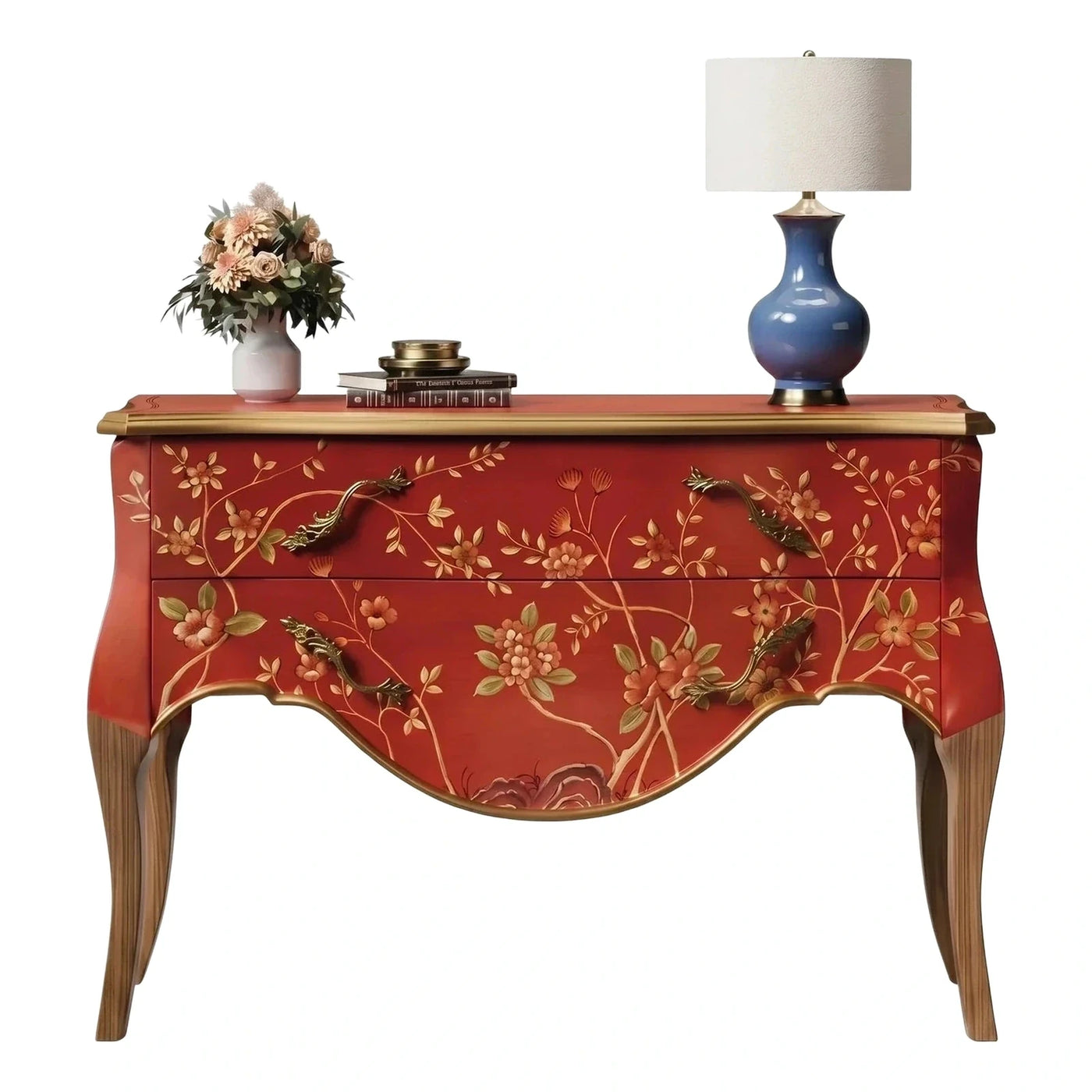 Red Floral Painted Console Table with Gold Accents