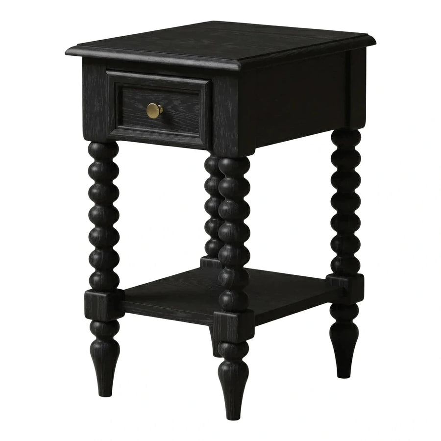 Black Turned Wood End Table with Drawer