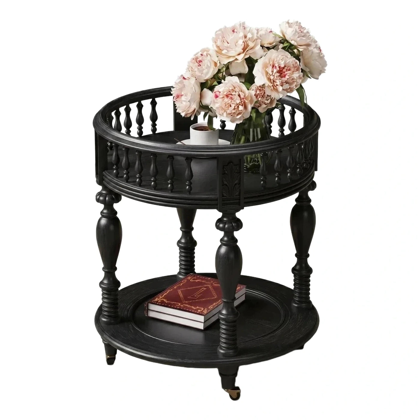 Classic Black Round End Table with Gallery Rail