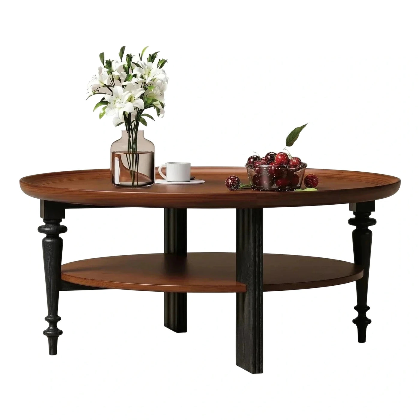 Two-Tier Oval Wood Coffee Table with Black Base
