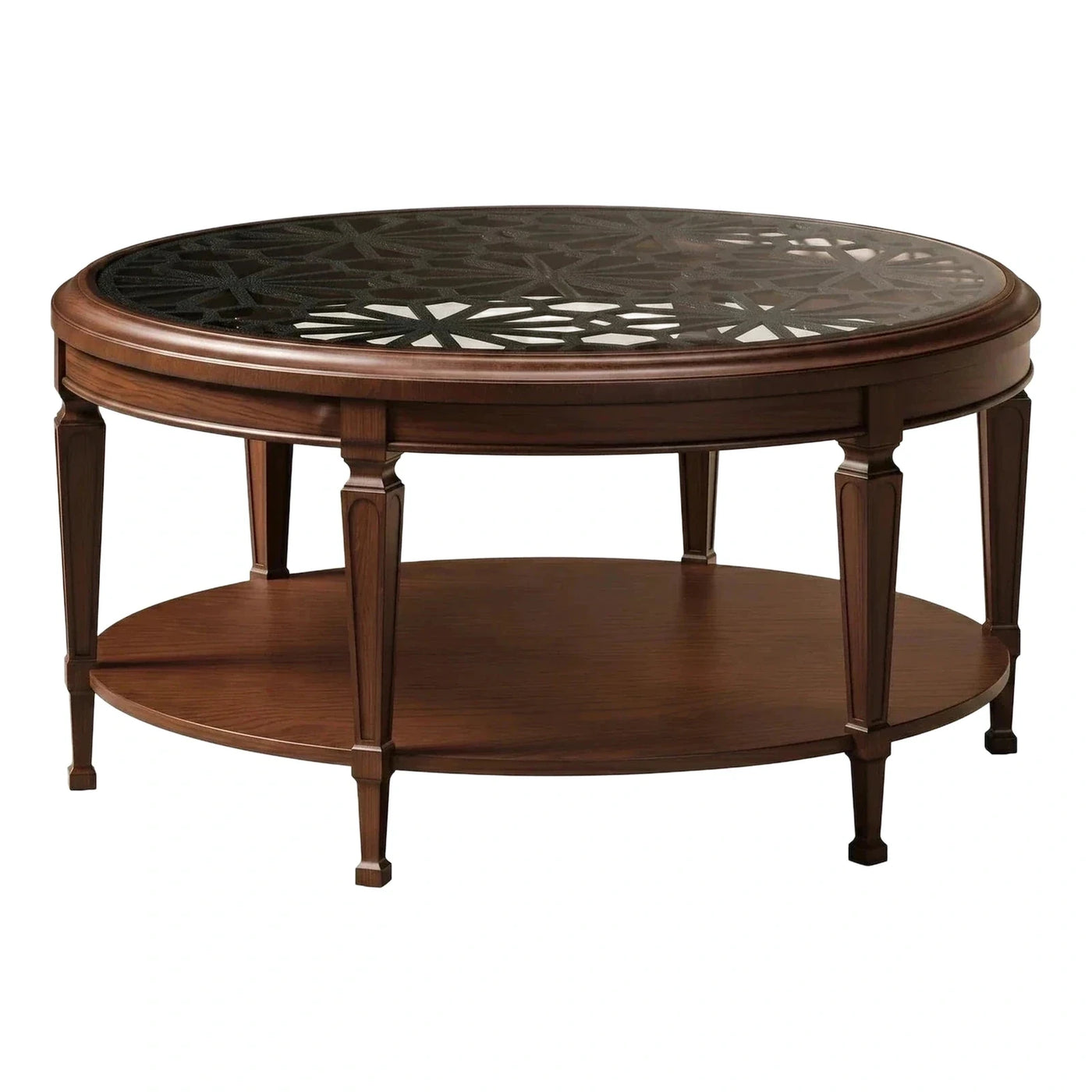 Classic Brown Round Coffee Table with Geometric Glass