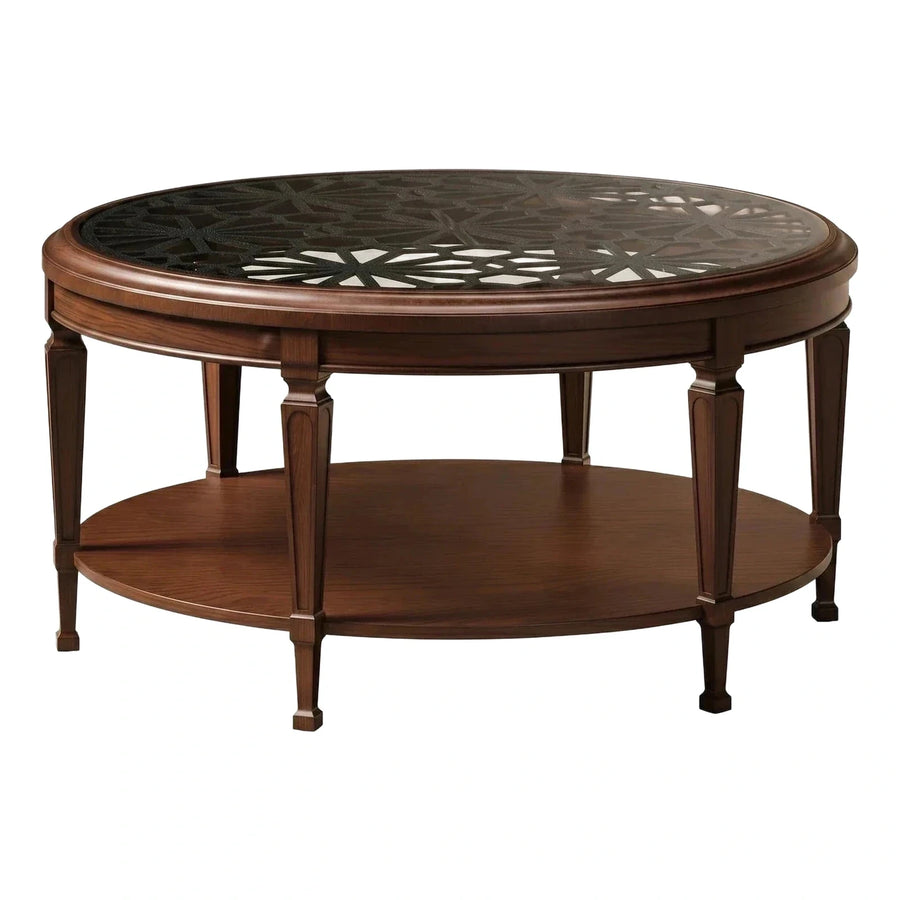 Classic Brown Round Coffee Table with Geometric Glass