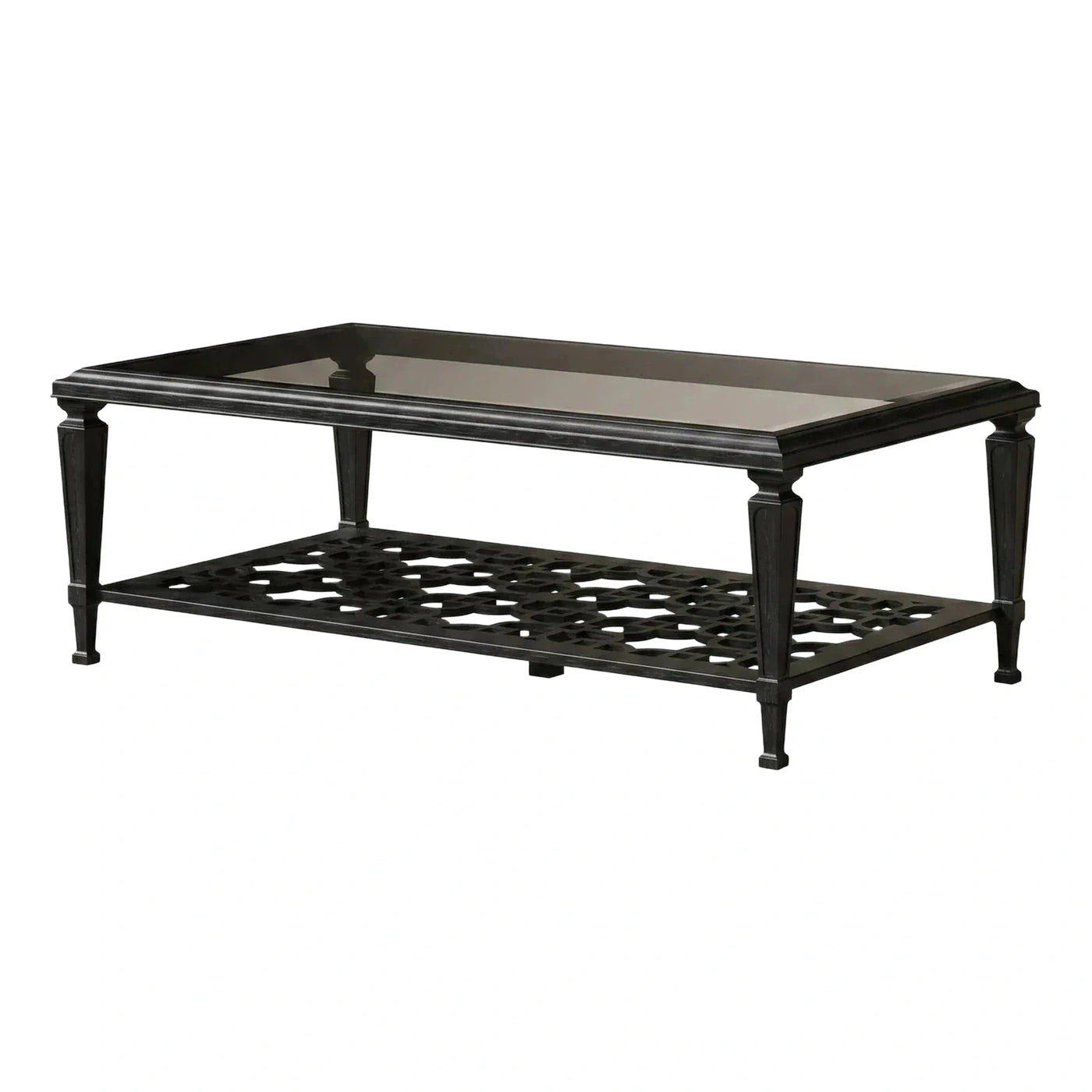 Black Glass-Top Coffee Table with Lattice Shelf