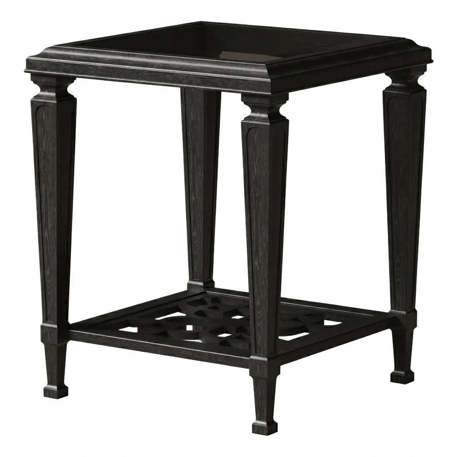 Black Square Wood End Table with Geometric Shelf