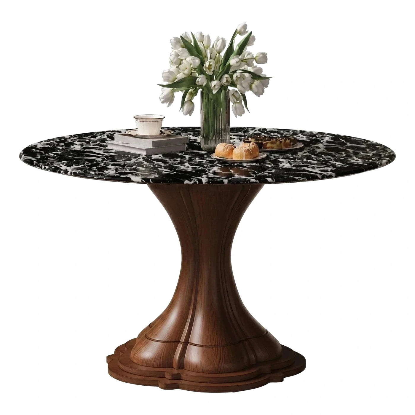 Black Marble Top Round Wood Pedestal Table