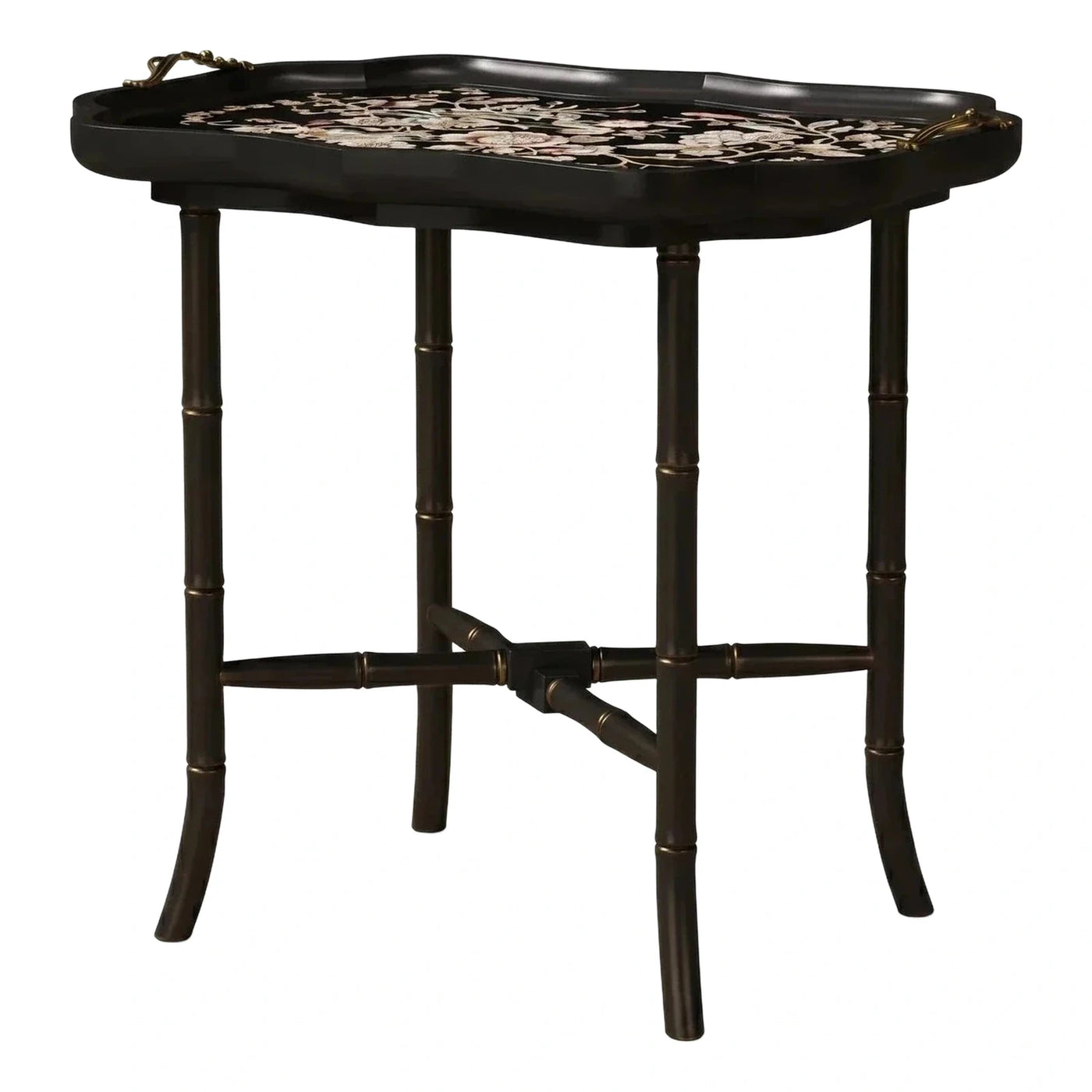 Black Floral Inlay Faux Bamboo Tray Table