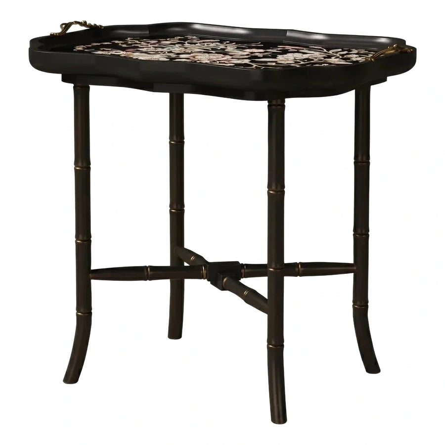 Black Floral Inlay Faux Bamboo Tray Table