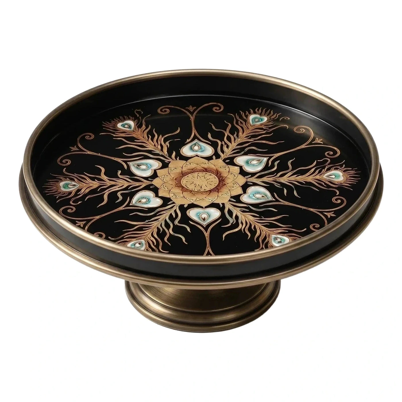 Black Round Coffee Table with Peacock Inlay