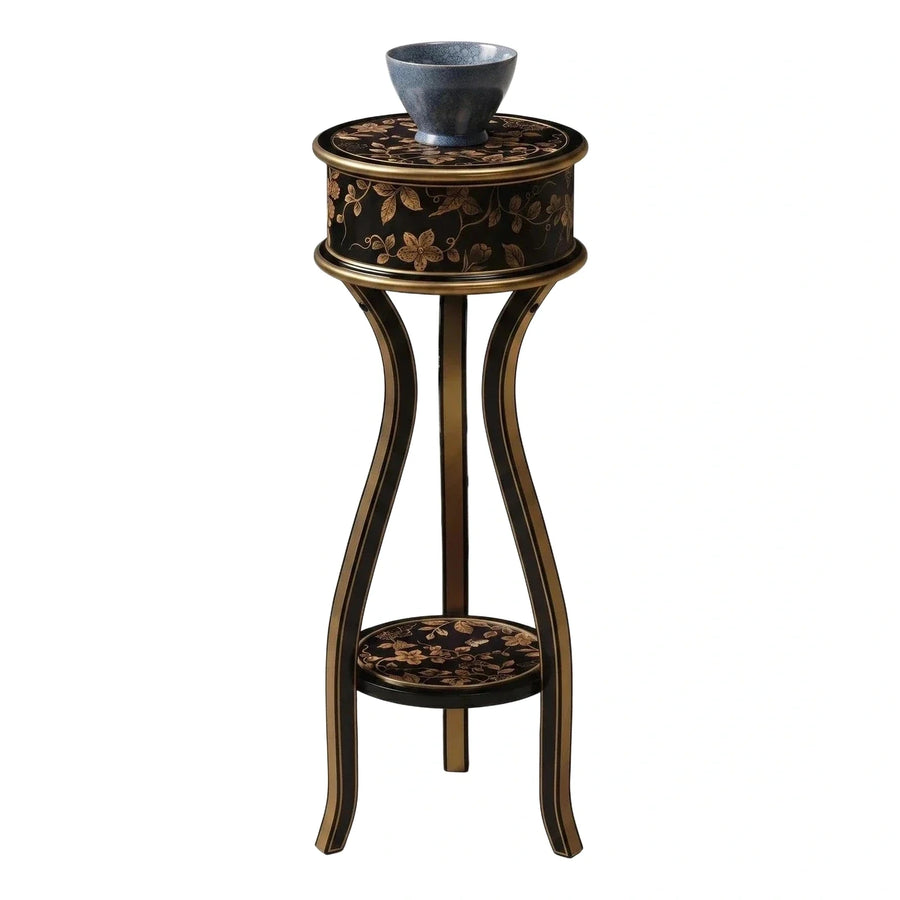 Black and Gold Floral Round End Table
