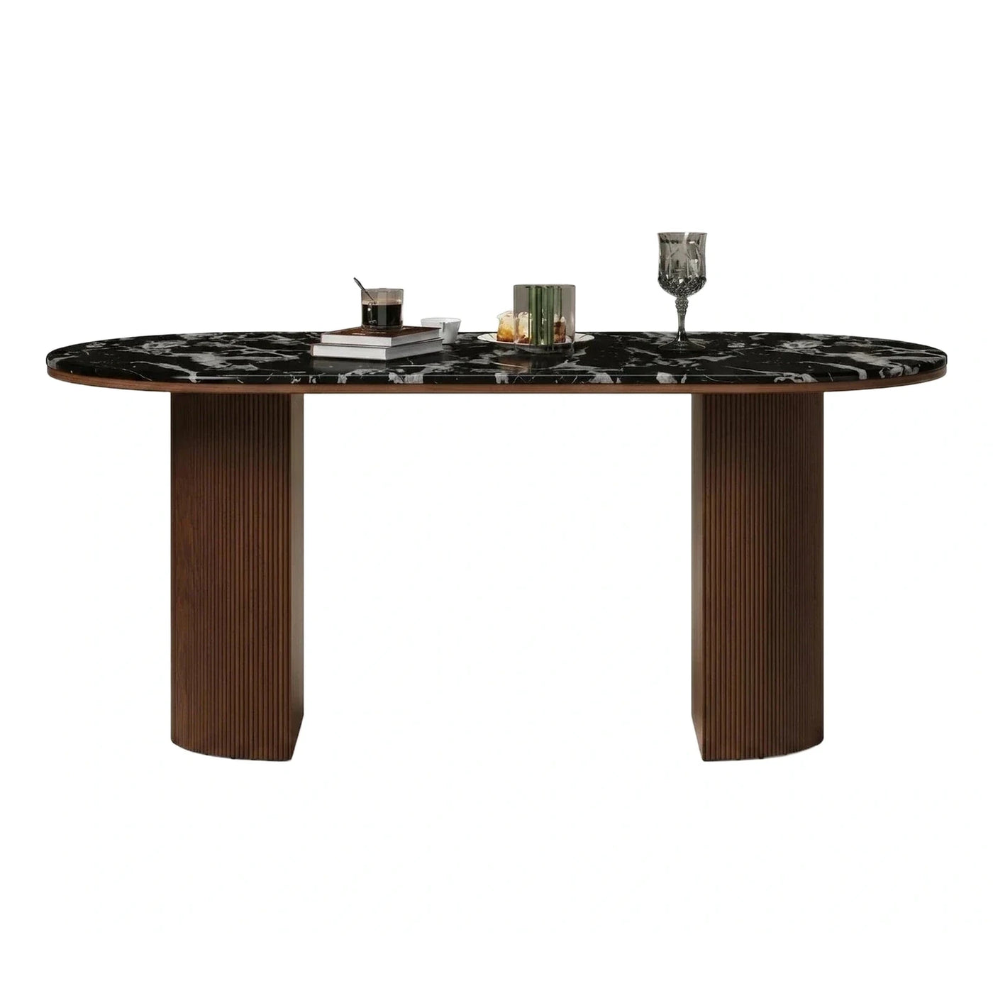 Black Marble Oval Dining Table with Fluted Legs