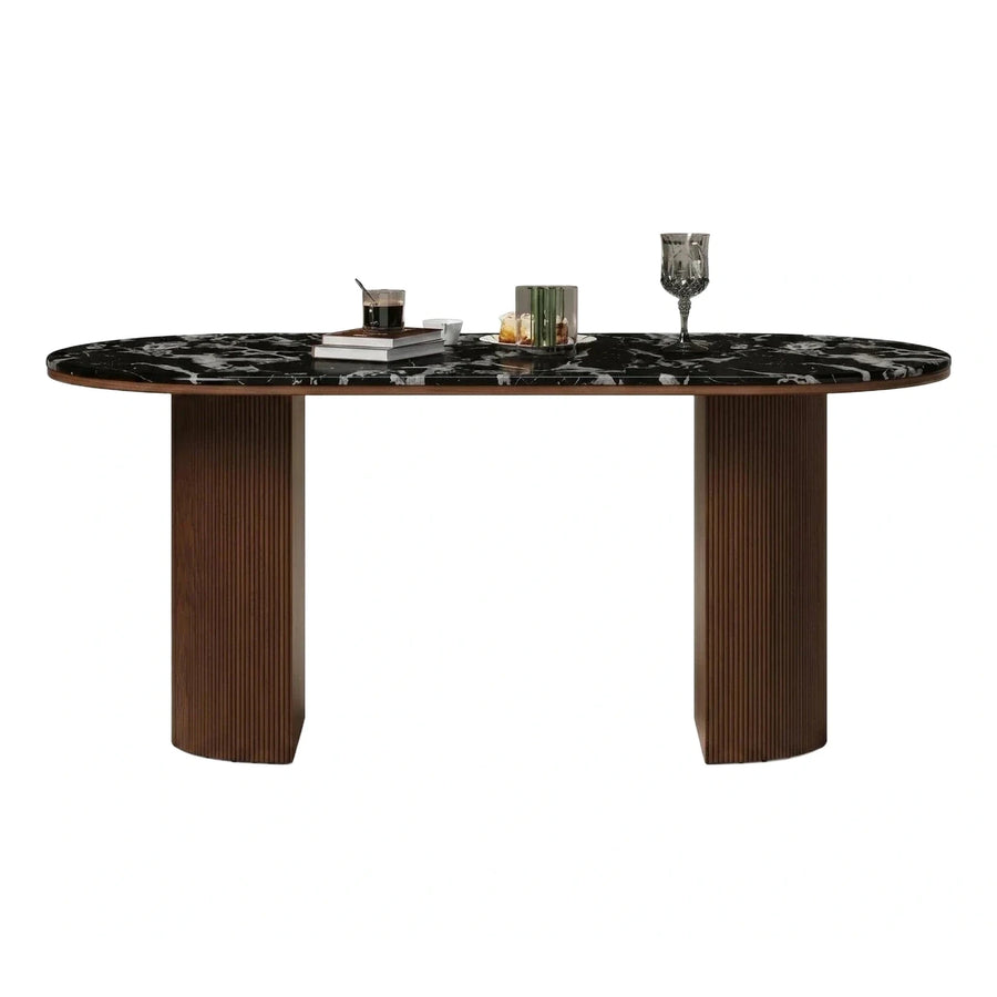 Black Marble Oval Dining Table with Fluted Legs