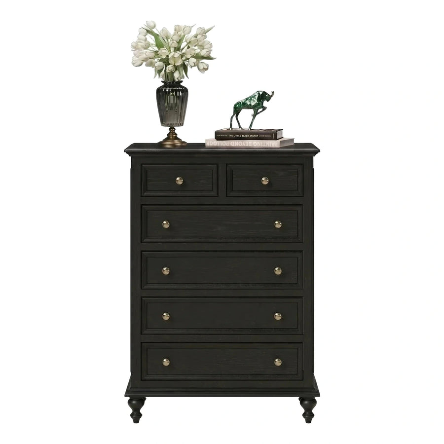 Classic Black 6-Drawer Chest with Turned Feet