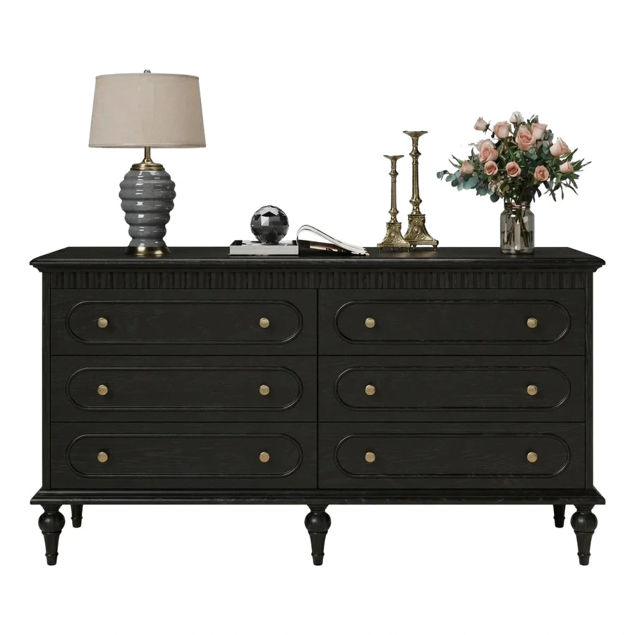 Black Fluted 6-Drawer Wooden Dresser