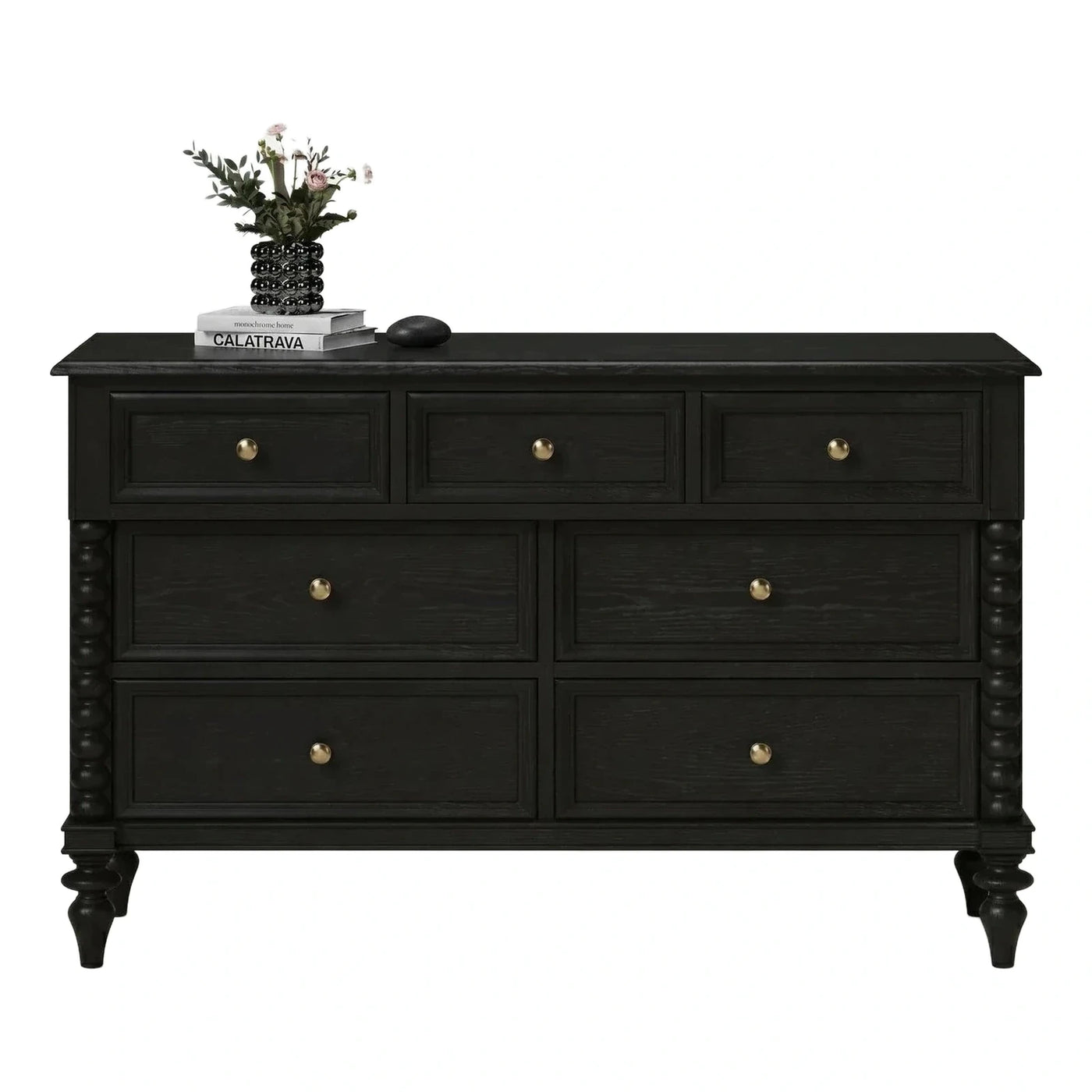 Black 7-Drawer Wood Sideboard with Turned Legs