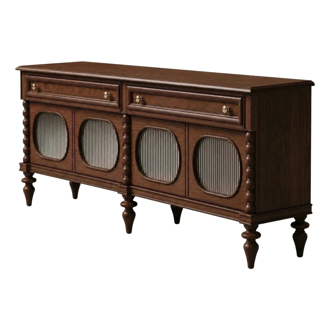 Classic Brown Wood Sideboard with Fluted Glass Doors