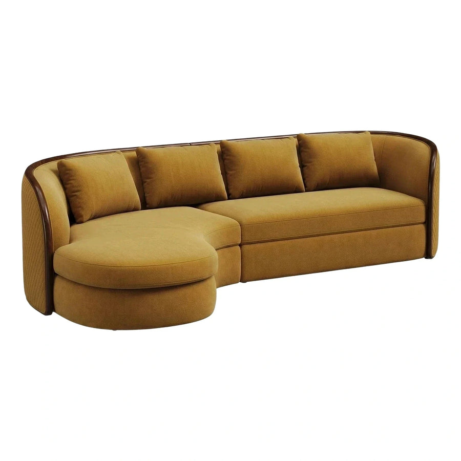 Curved Mustard Sectional Sofa with Dark Wood Frame