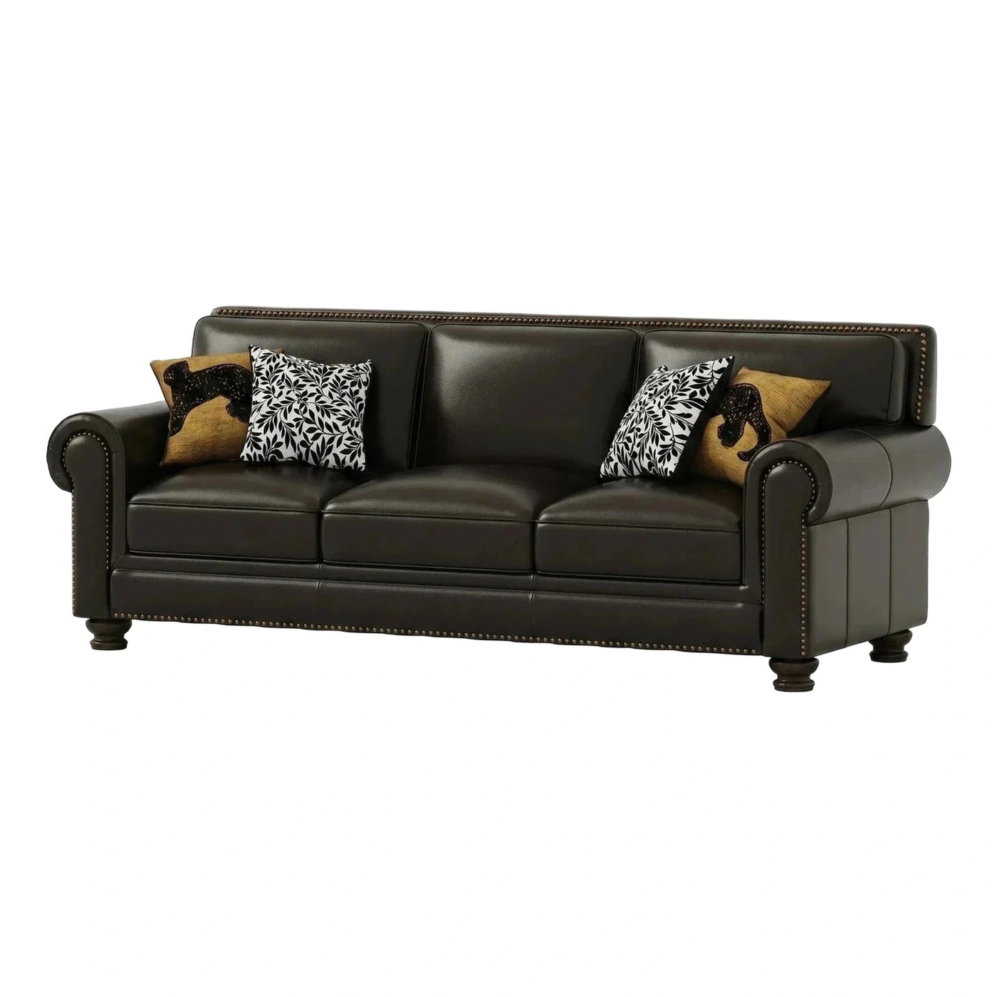Classic Brown Leather Sofa with Nailhead Trim