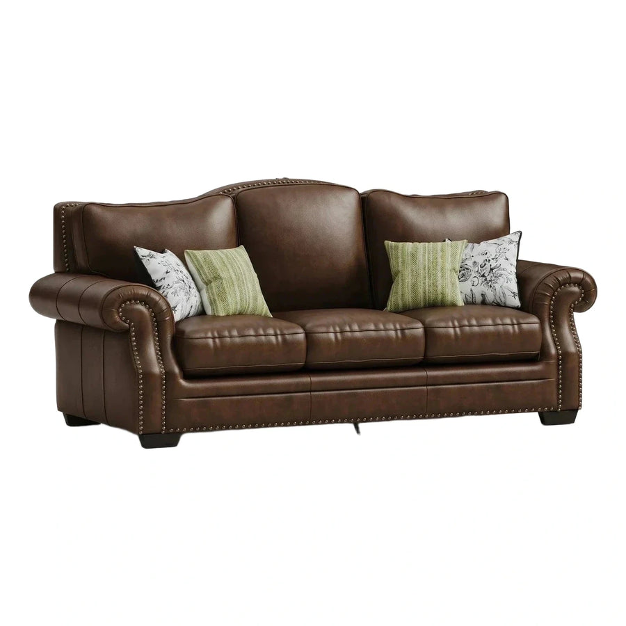 Brown Leather Rolled Arm Sofa