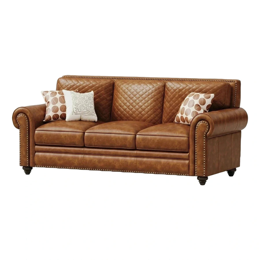 Brown Tufted Leather Sofa with Nailhead Trim