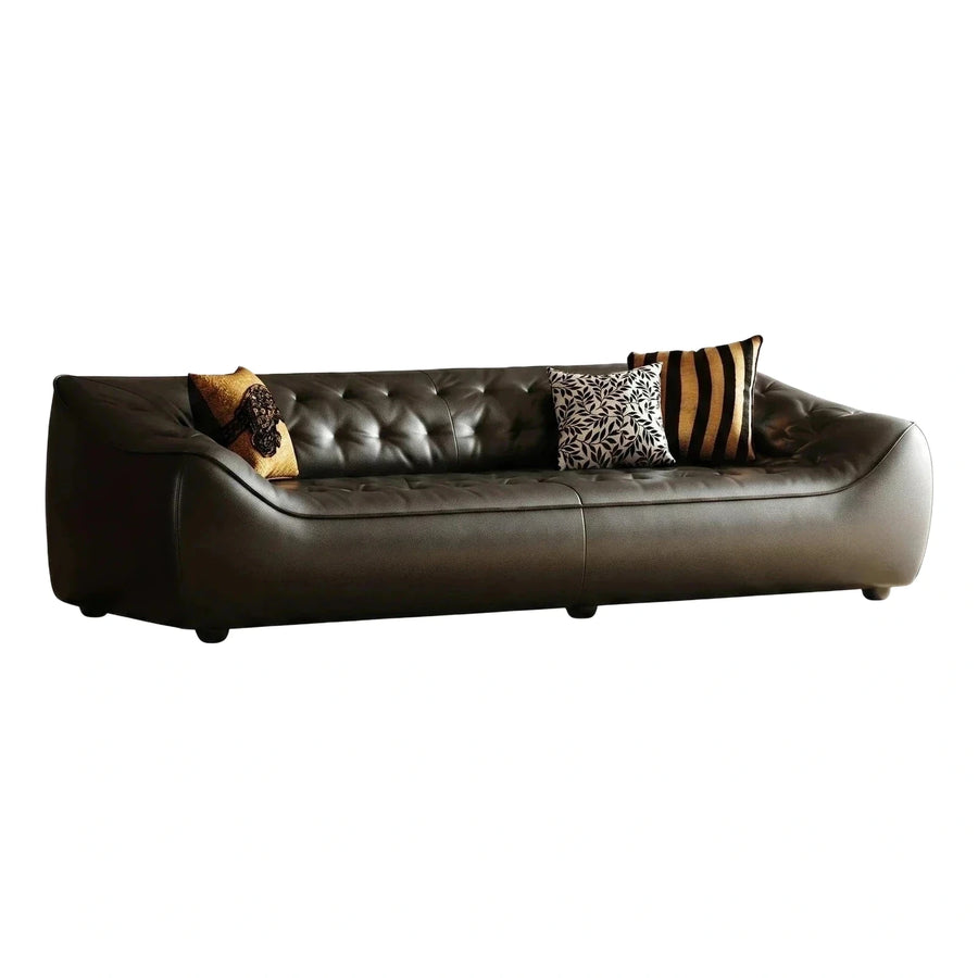 Dark Brown Curved Tufted Leather Sofa