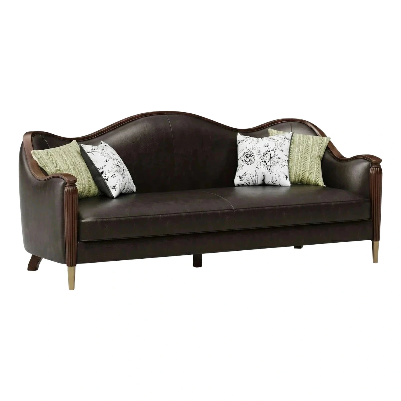 Dark Brown Leather Sofa with Fluted Wood Arms