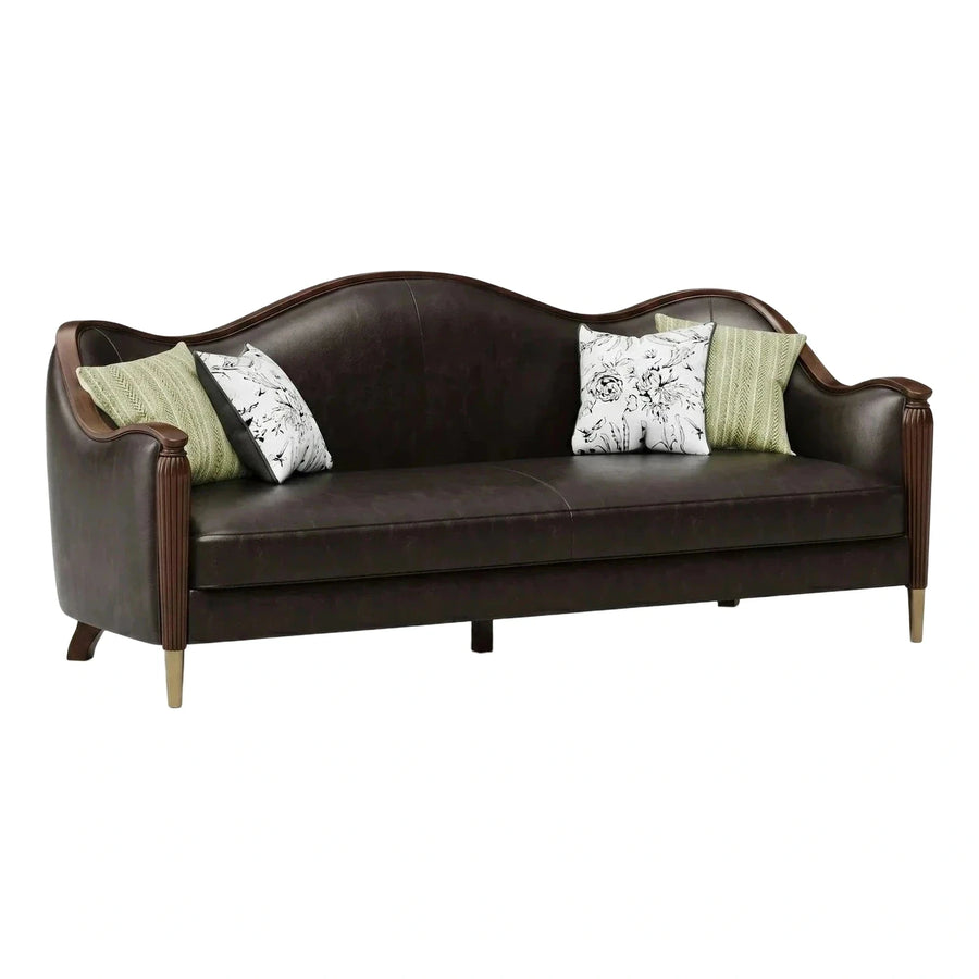 Dark Brown Leather Sofa with Fluted Wood Arms