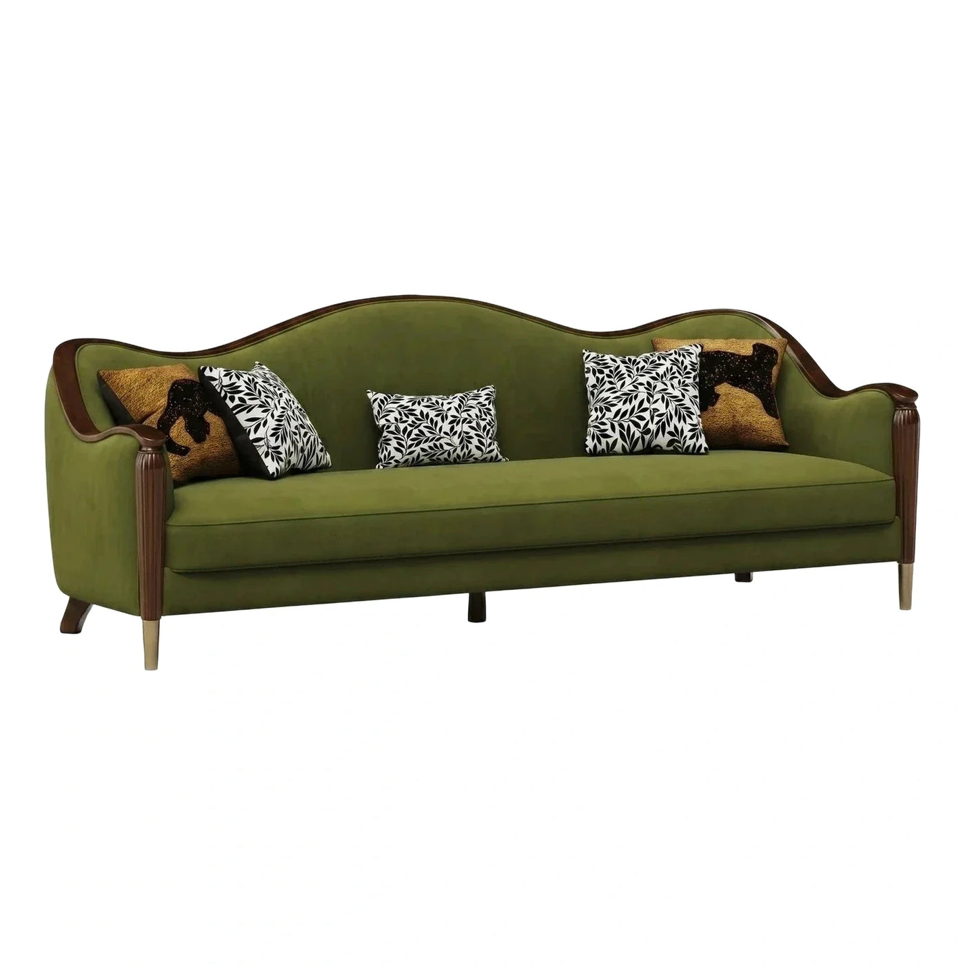 Green Velvet Sofa with Curved Wood Frame