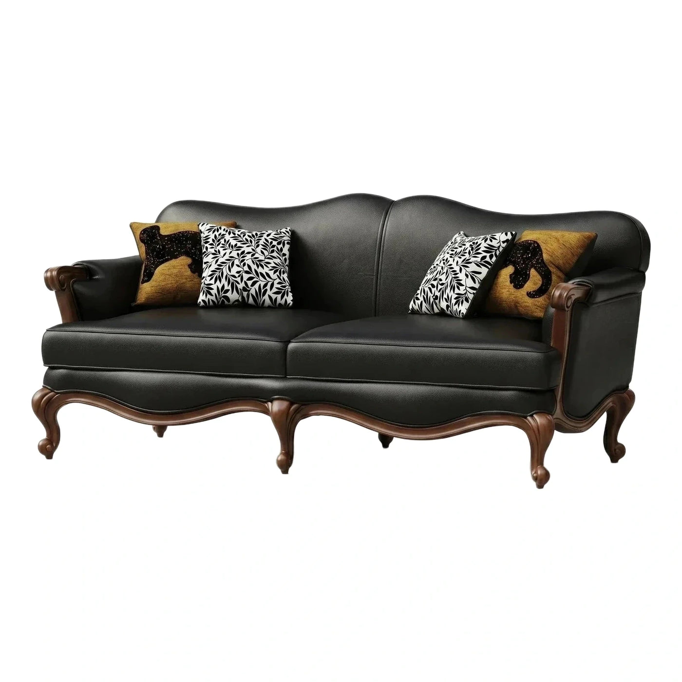 Classic Black Leather Sofa with Wooden Frame