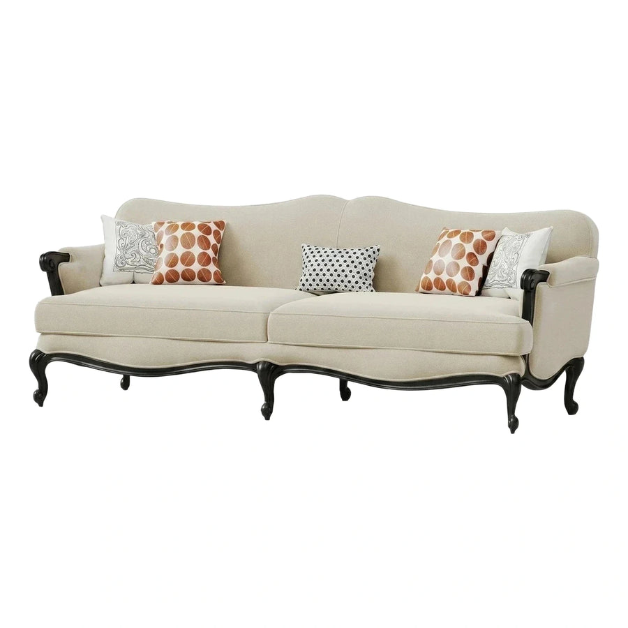 Cream Upholstered Curved Sofa with Dark Wood Legs