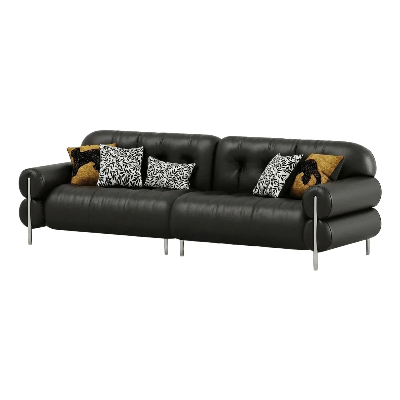 Modern Black Leather Sofa with Metal Legs