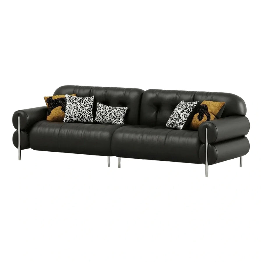 Modern Black Leather Sofa with Metal Legs