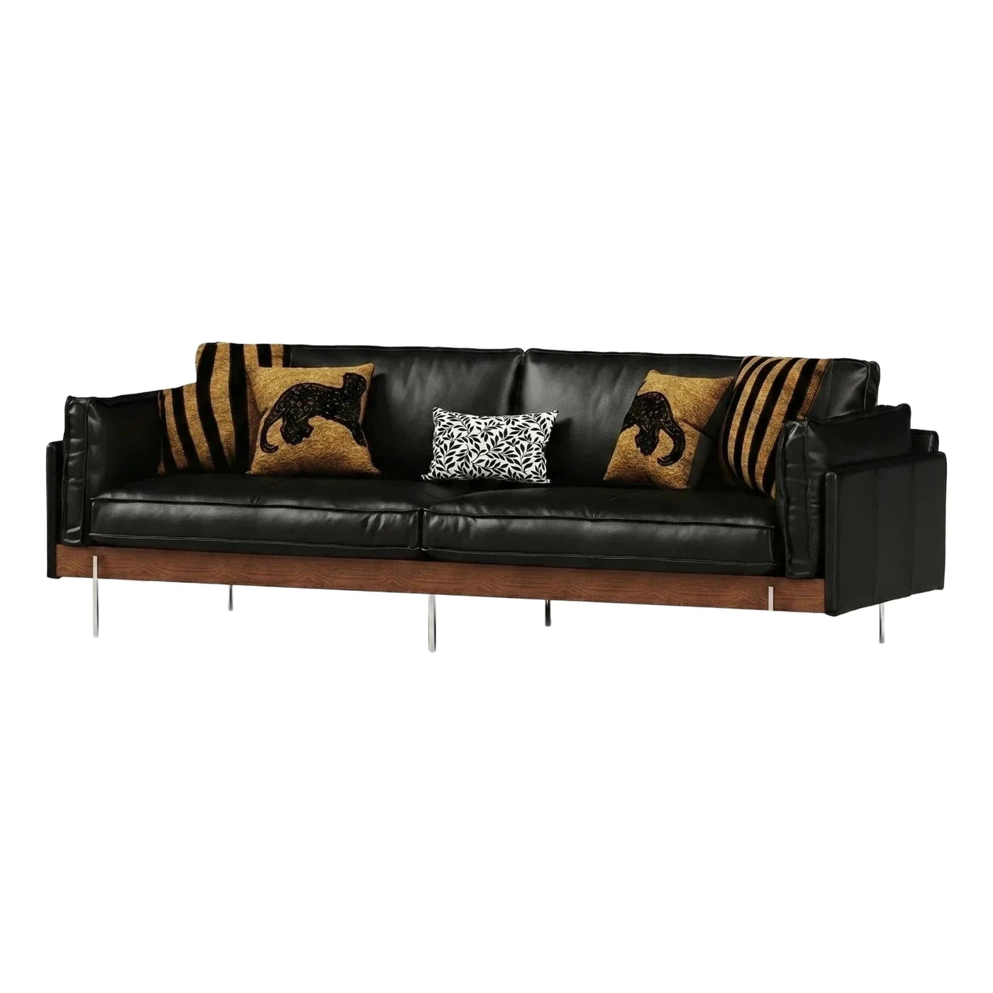 Modern Black Leather Sofa with Wood Base