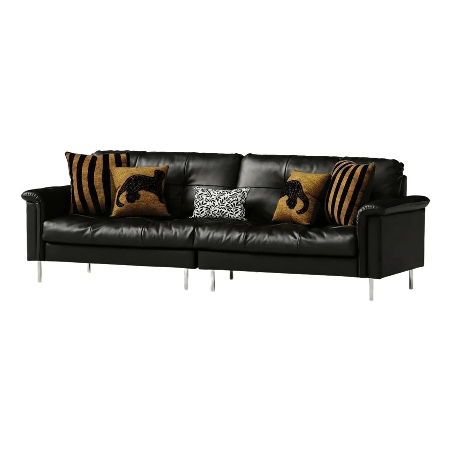 Modern Black Leather Sofa with Chrome Legs