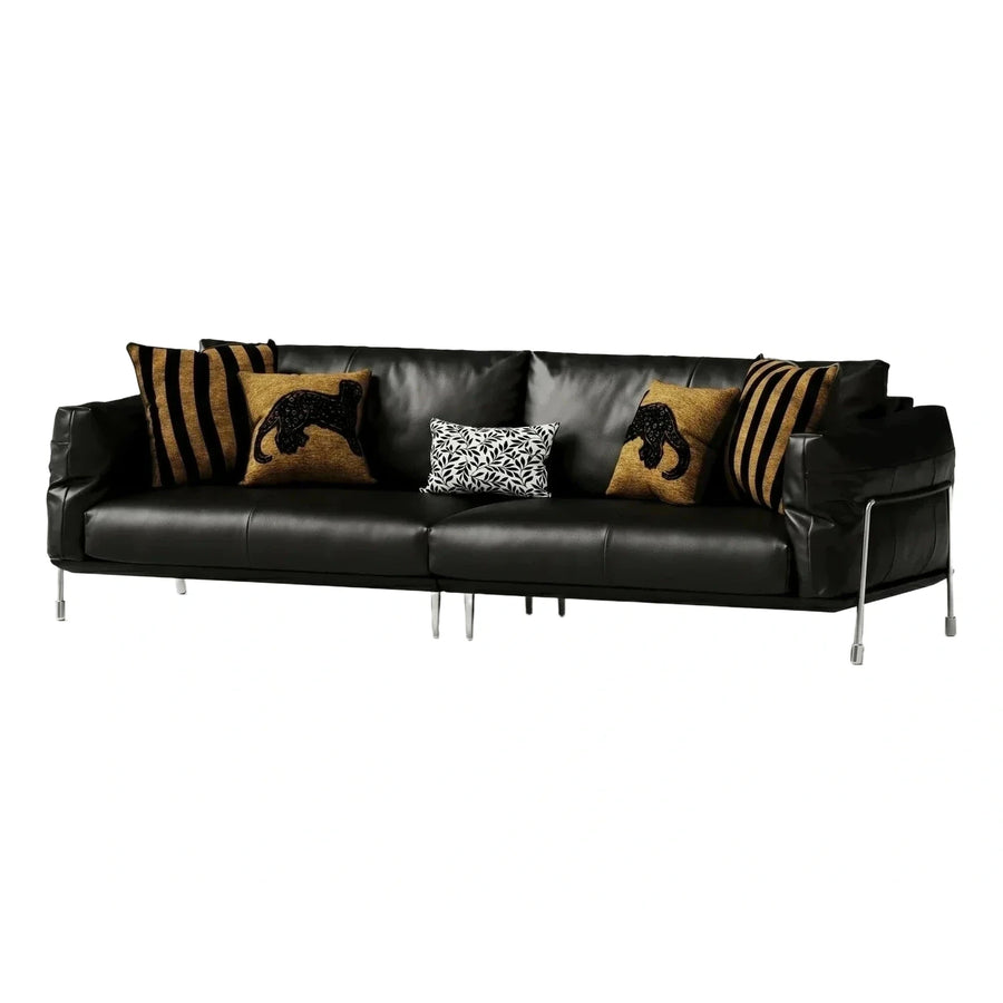 Modern Black Leather Sofa with Metal Legs