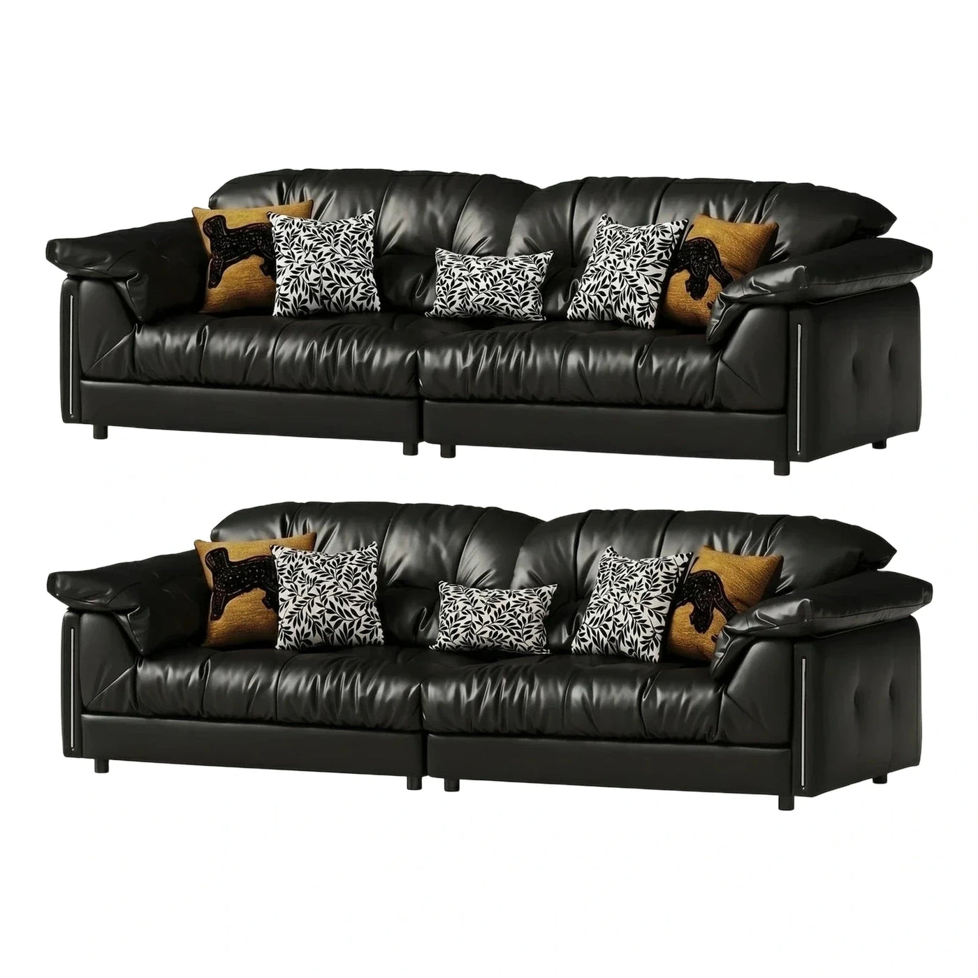 Black Leather Modern Sofa with Silver Accents