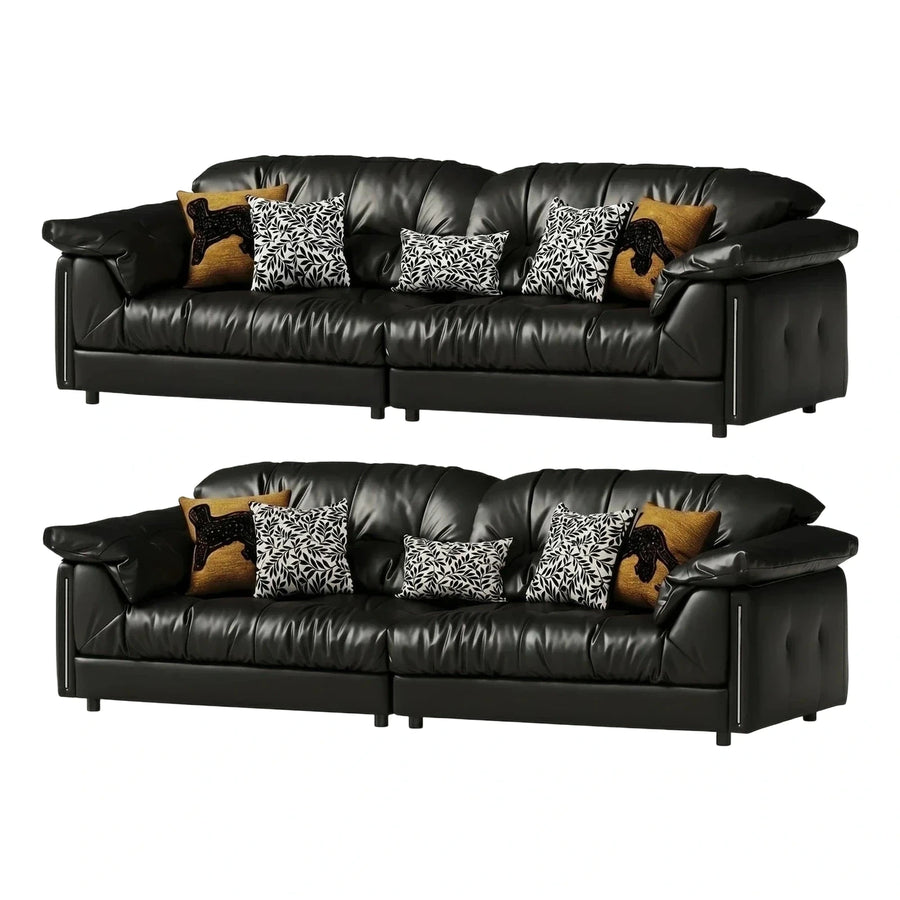 Black Leather Modern Sofa with Silver Accents