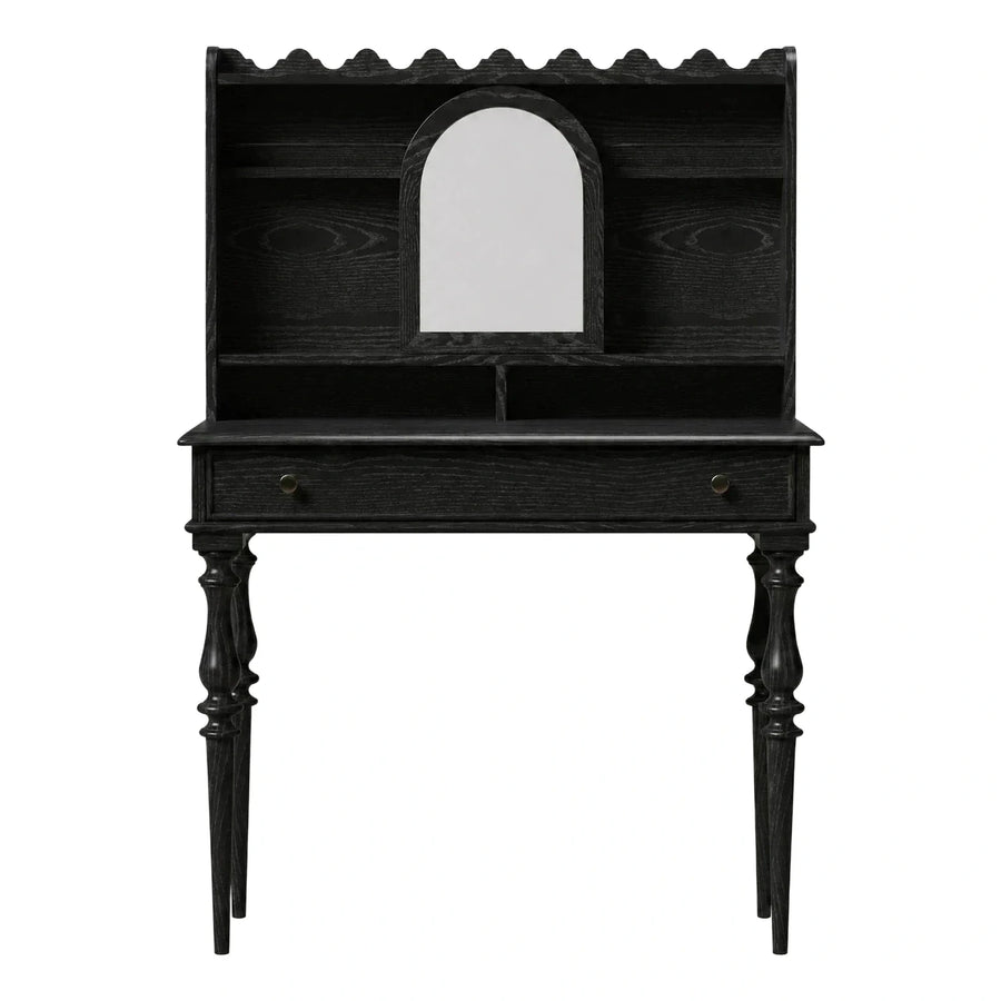 Classic Black Wood Makeup Vanity with Arched Mirror