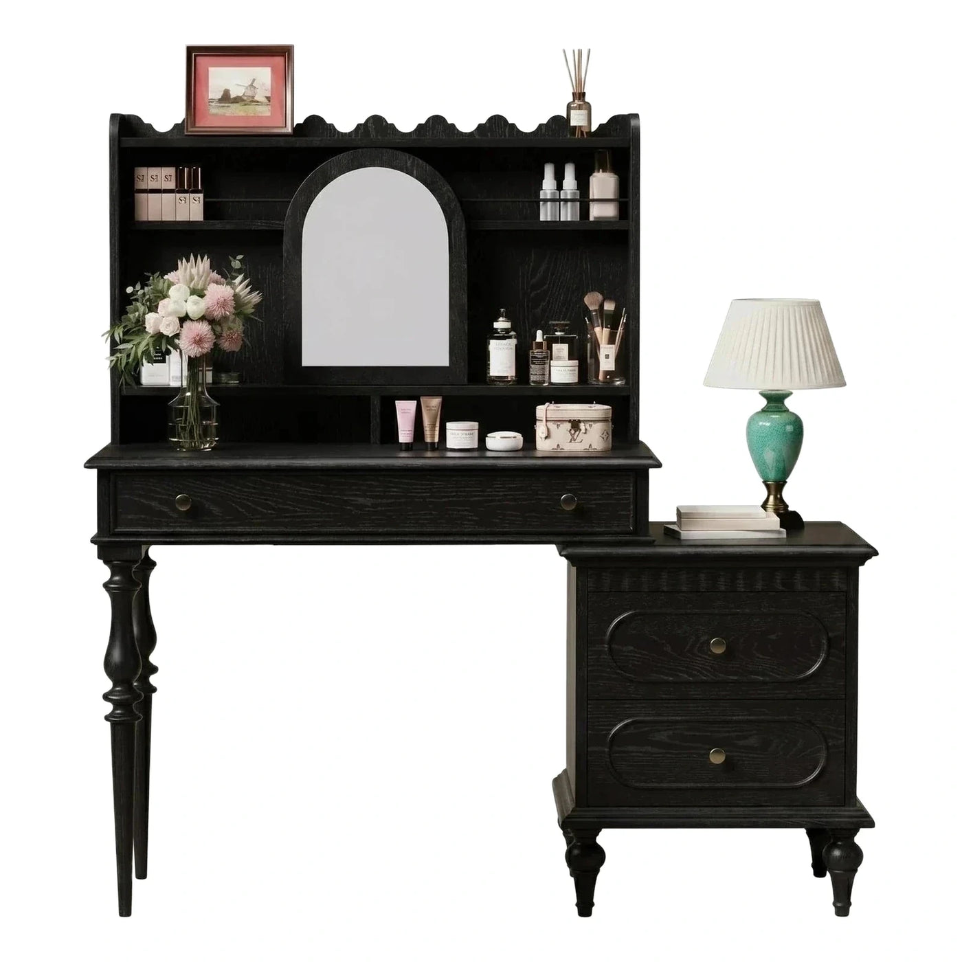 Black Wood Makeup Vanity with Hutch and Side Cabinet