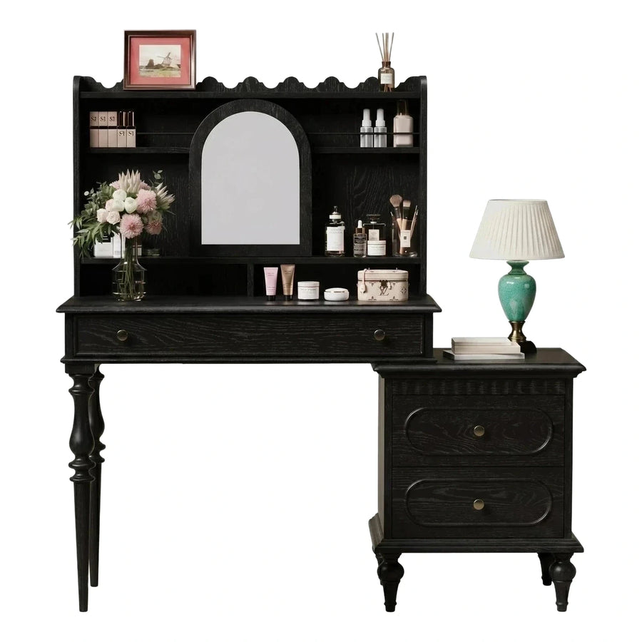 Black Wood Makeup Vanity with Hutch and Side Cabinet