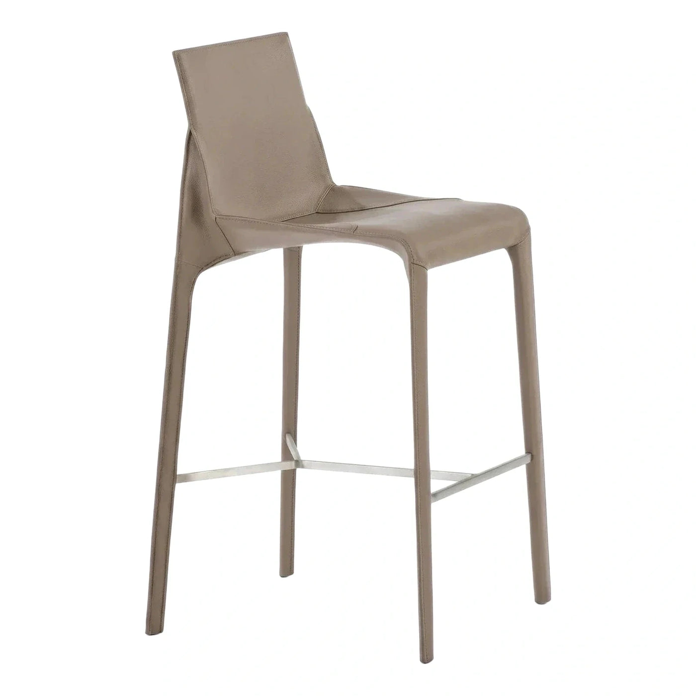 Modern Taupe Leather Bar Stool with Metal Footrest