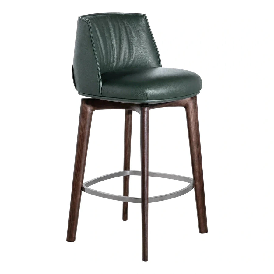 Modern Green Leather Bar Stool with Wood Legs